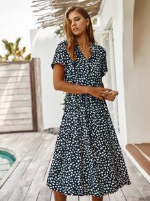 Breezaya Vestido línea A de cintura con cordón con estampado de lunares - Azul Marino - Ver 6