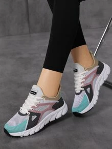 Giày chạy bộ có dây buộc phía trước bảng điều khiển lưới Colorblock, Giày chạy bộ thể thao đan nhiều màu có dây buộc màu cho nữ - Nhiều màu - Xem 1