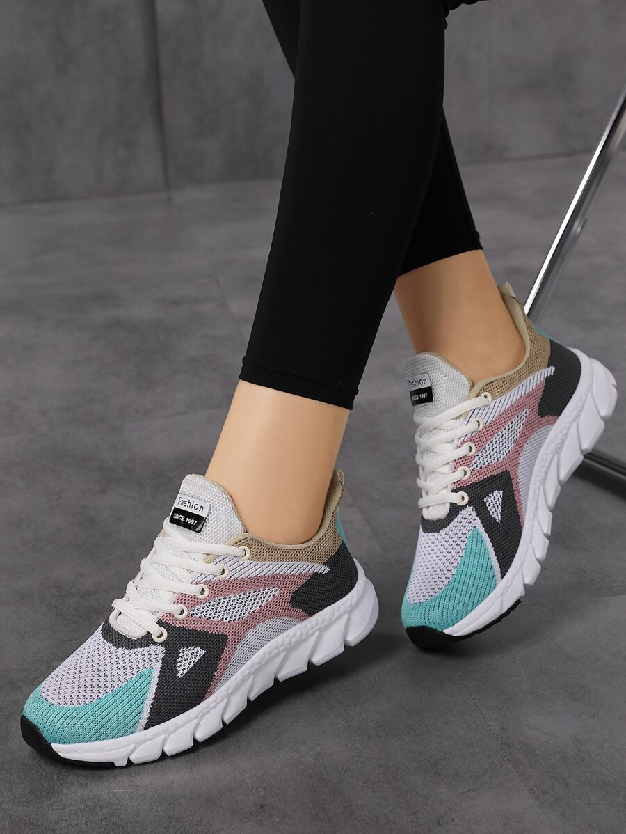 Giày chạy bộ có dây buộc phía trước bảng điều khiển lưới Colorblock, Giày chạy bộ thể thao đan nhiều màu có dây buộc màu cho nữ - Nhiều màu - Xem 1