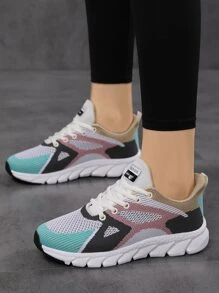Giày chạy bộ có dây buộc phía trước bảng điều khiển lưới Colorblock, Giày chạy bộ thể thao đan nhiều màu có dây buộc màu cho nữ - Nhiều màu - Xem 3