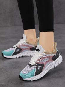 Giày chạy bộ có dây buộc phía trước bảng điều khiển lưới Colorblock, Giày chạy bộ thể thao đan nhiều màu có dây buộc màu cho nữ - Nhiều màu - Xem 4