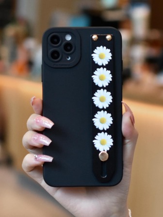 素色手機殼帶花卉圖案腕帶支架