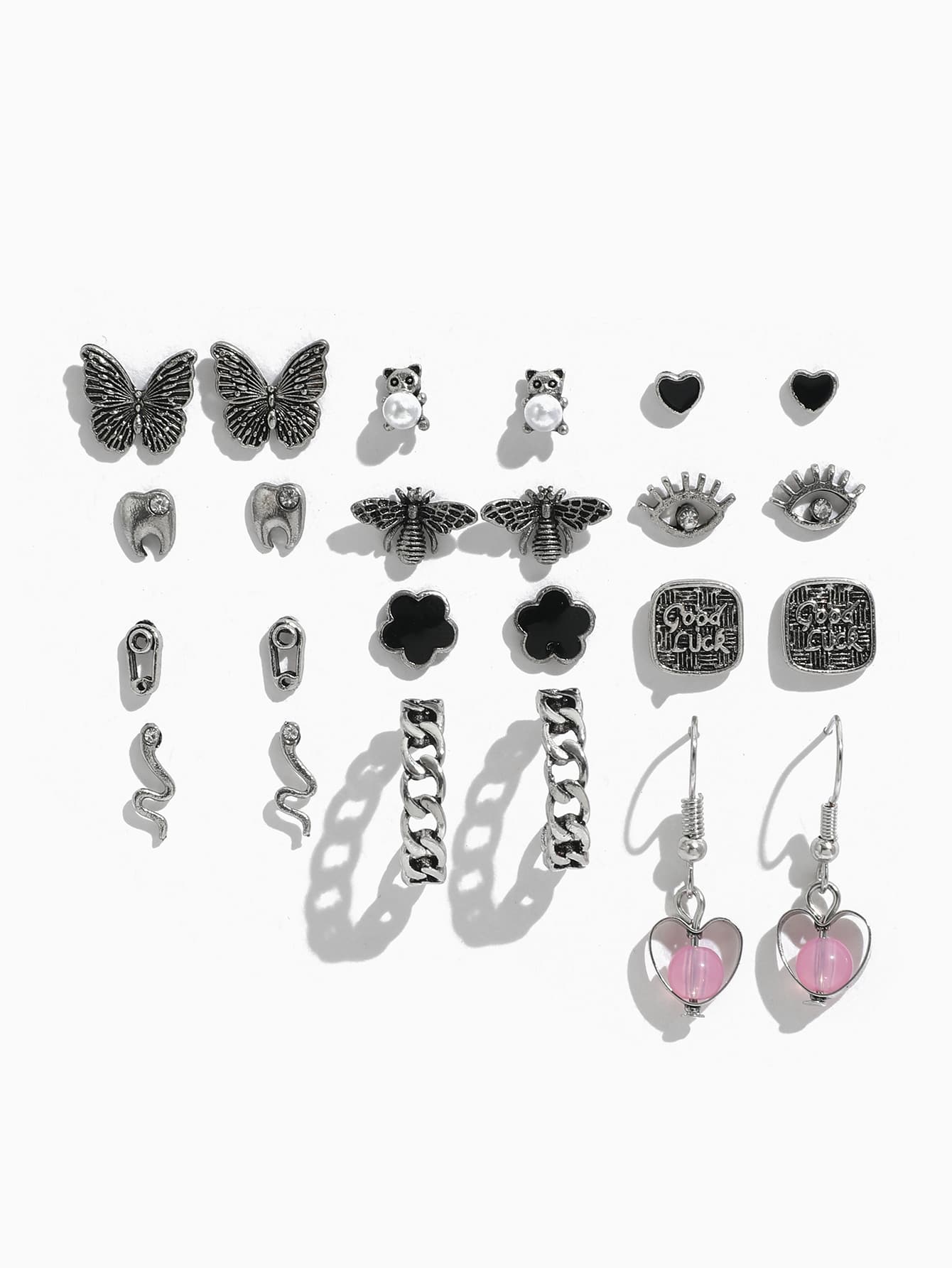 Bông tai trang trí hoa và bướm 12 cặp - Màu Bạc Cổ - Xem 1