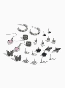 Bông tai trang trí hoa và bướm 12 cặp - Màu Bạc Cổ - Xem 2