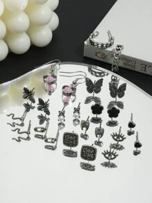 Bông tai trang trí hoa và bướm 12 cặp - Màu Bạc Cổ - Xem 4