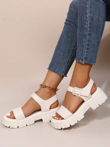 Women Minimalist Buckle Detail Ankle Strap White Wedge Sandals,Spring Summer Outfits - Beige - View 3