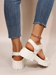 Women Minimalist Buckle Detail Ankle Strap White Wedge Sandals,Spring Summer Outfits - Beige - View 6