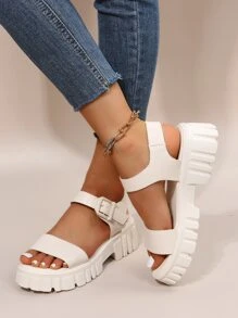 Women Minimalist Buckle Detail Ankle Strap White Wedge Sandals,Spring Summer Outfits - Beige - View 7