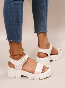 Women Minimalist Buckle Detail Ankle Strap White Wedge Sandals,Spring Summer Outfits - Beige - View 8