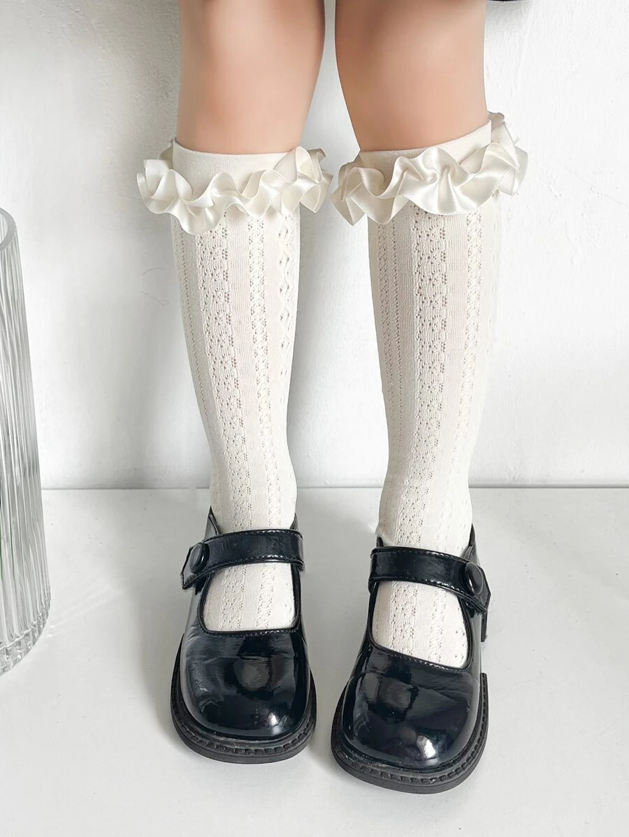 小女童荷葉邊高筒襪 - 米色 - 查看 1