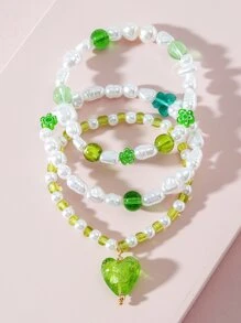 3入組花心蝴蝶裝飾褶皺珠子手環適合女士夏天首飾類 - 彩色 - 查看 2