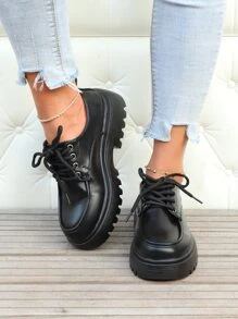 Women's Black Lace-Up Front Oxford Wedges, Round Toe Middle Heel Loafers Valentines - Black - View 3