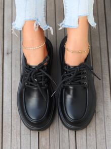 Women's Black Lace-Up Front Oxford Wedges, Round Toe Middle Heel Loafers Valentines - Black - View 5