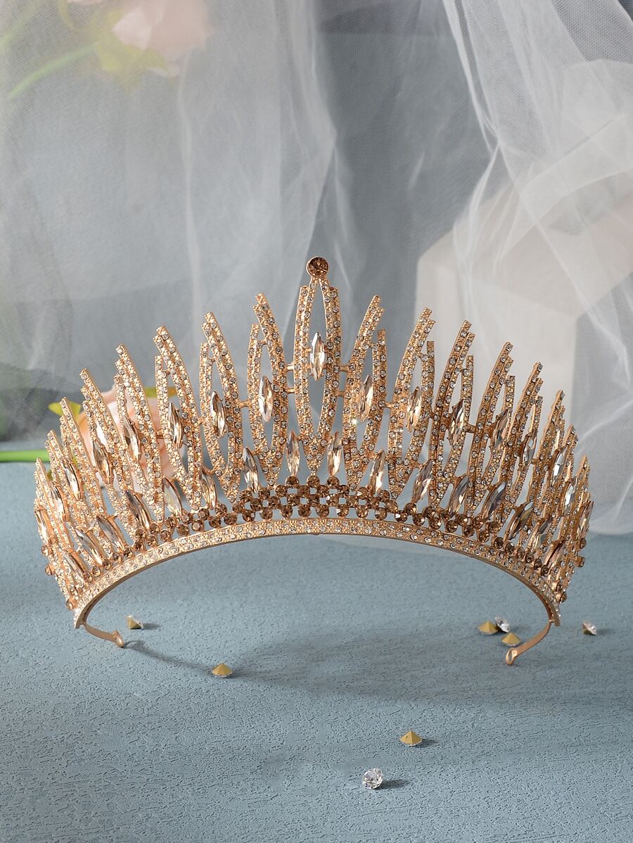 Rhinestone Decor Crown Design Bridal Headband Royal Tiaras - Gold - View 1