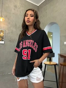 SHEIN Unity Letter Graphic Striped Trim Drop Shoulder Tee Graphic Tees Women Tops - Black - View 3