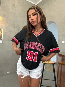 SHEIN Unity Letter Graphic Striped Trim Drop Shoulder Tee Graphic Tees Women Tops - Black - View 5