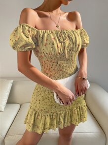 SHEIN Floral Print Off Shoulder Shirred Ruffle Hem Dress - Yellow - View 3