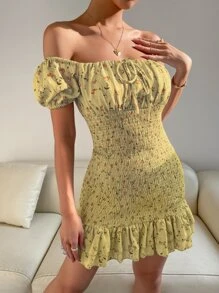 SHEIN Floral Print Off Shoulder Shirred Ruffle Hem Dress - Yellow - View 5