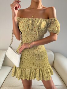 SHEIN Floral Print Off Shoulder Shirred Ruffle Hem Dress - Yellow - View 6