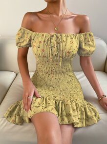 SHEIN Floral Print Off Shoulder Shirred Ruffle Hem Dress - Yellow - View 1