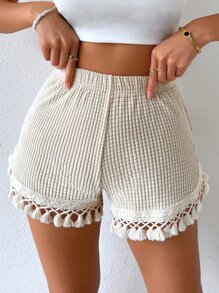 SHEIN VCAY High Waist Tassel Trim Shorts - Beige - View 1