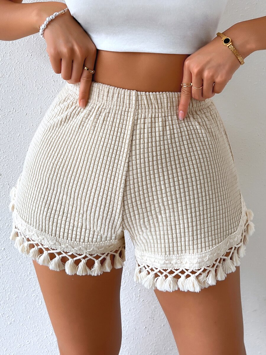 SHEIN VCAY High Waist Tassel Trim Shorts - Beige - View 1