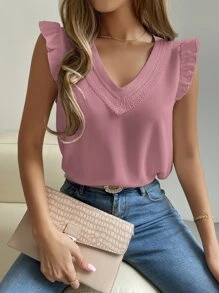 Breezaya Blusa panel con encaje ribete con fruncido - Rosa - Ver 3