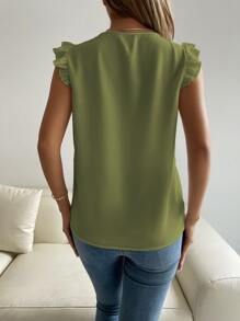 Breezaya Blusa panel con encaje de manga con volante - Verde militar - Ver 2