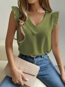 Breezaya Blusa panel con encaje de manga con volante - Verde militar - Ver 3