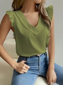 Breezaya Blusa panel con encaje de manga con volante - Verde militar - Ver 4