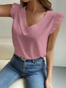 Breezaya Blusa panel con encaje ribete con fruncido - Rosa - Ver 5