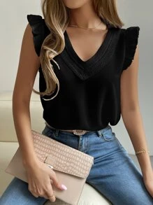 Breezaya Blusa panel con encaje de manga con volante - Negro - Ver 3