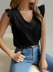 Breezaya Blusa panel con encaje de manga con volante - Negro - Ver 4