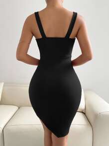 SHEIN Privé Solid Asymmetric Hem Bodycon Dress - Black - View 2