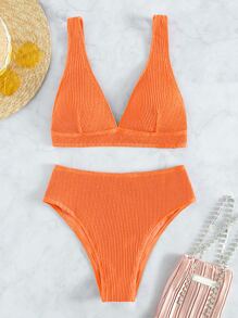 Plain Textured Bikini For Summer Beach - Orange - View 5