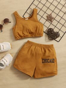 SHEIN Đứa bé gái Chất rắn Crop Tank Top & Đồ họa Chữ cái Quần short thể thao - màu nâu - Xem 1