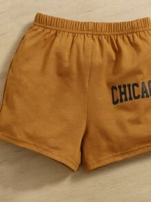 SHEIN Đứa bé gái Chất rắn Crop Tank Top & Đồ họa Chữ cái Quần short thể thao - màu nâu - Xem 3