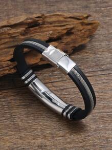 1 chiếc Vòng tay silicon phong cách Châu Âu & Mỹ mới cho nam bằng thép titan khắc trơn, thích hợp để đeo hàng ngày và làm quà tặng cho bạn bè và gia đình - màu đen - Xem 4