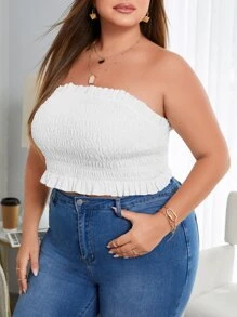 SHEIN VCAY 大碼打攬木耳邊抹胸上衣 - 白色 - 查看 4