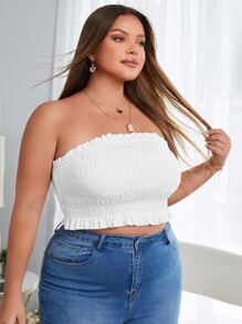 SHEIN VCAY 大碼打攬木耳邊抹胸上衣 - 白色 - 查看 5