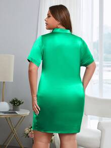 Plus Knot Button Front Shirt Dress - Green - View 2
