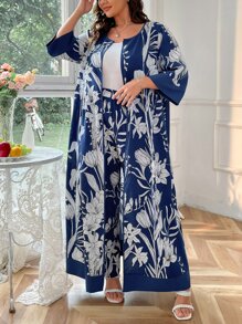 Mulvari Plus Allover Floral Print Coat & Wide Leg Trousers - Navy Blue - View 1