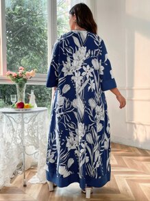 Mulvari Plus Allover Floral Print Coat & Wide Leg Trousers - Navy Blue - View 2
