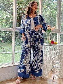 Mulvari Plus Allover Floral Print Coat & Wide Leg Trousers - Navy Blue - View 4