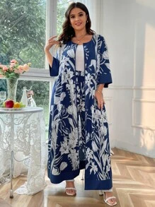 Mulvari Plus Allover Floral Print Coat & Wide Leg Trousers - Navy Blue - View 5