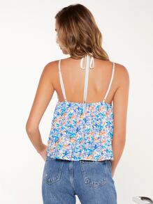 SHEIN Unity Floral Print Ruched Bust Contrast Mesh Cami Top - Multicolor - View 2
