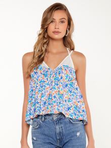 SHEIN Unity Floral Print Ruched Bust Contrast Mesh Cami Top - Multicolor - View 4