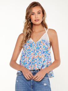 SHEIN Unity Floral Print Ruched Bust Contrast Mesh Cami Top - Multicolor - View 5