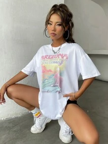 SHEIN Unity Car & Letter Graphic Drop Shoulder Tee ARIZONA GO RETRO COWBOY PARTY SOUTHWEST Graphic Tees Women Tops - White - View 6