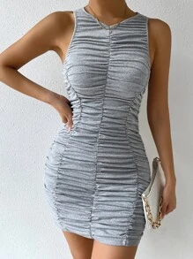 Ruched Solid Bodycon Dress - Light Grey - View 5